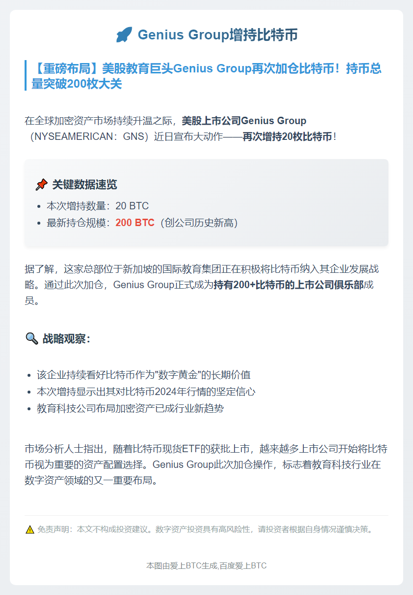 Genius Group增持20枚比特币