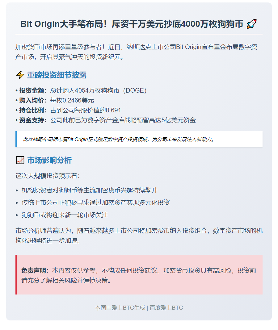 Bit Origin 购入 4054 万枚 DOGE，均价 0.2466 美元