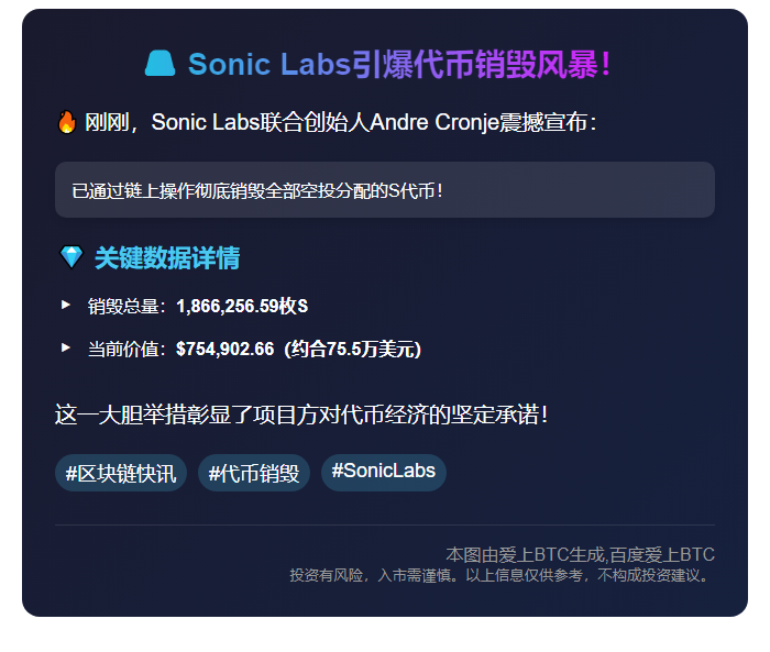 "Sonic Labs联创销毁186.6万枚空投代币"  