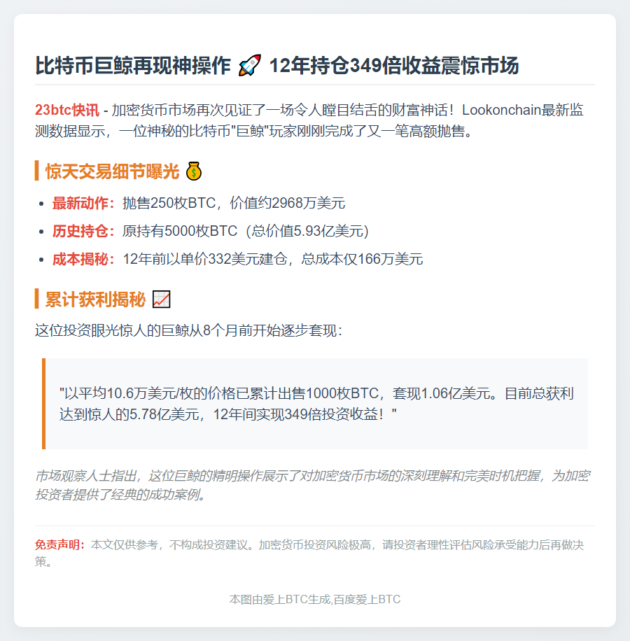 比特币巨鲸抛售250枚BTC 获利5.78亿美元