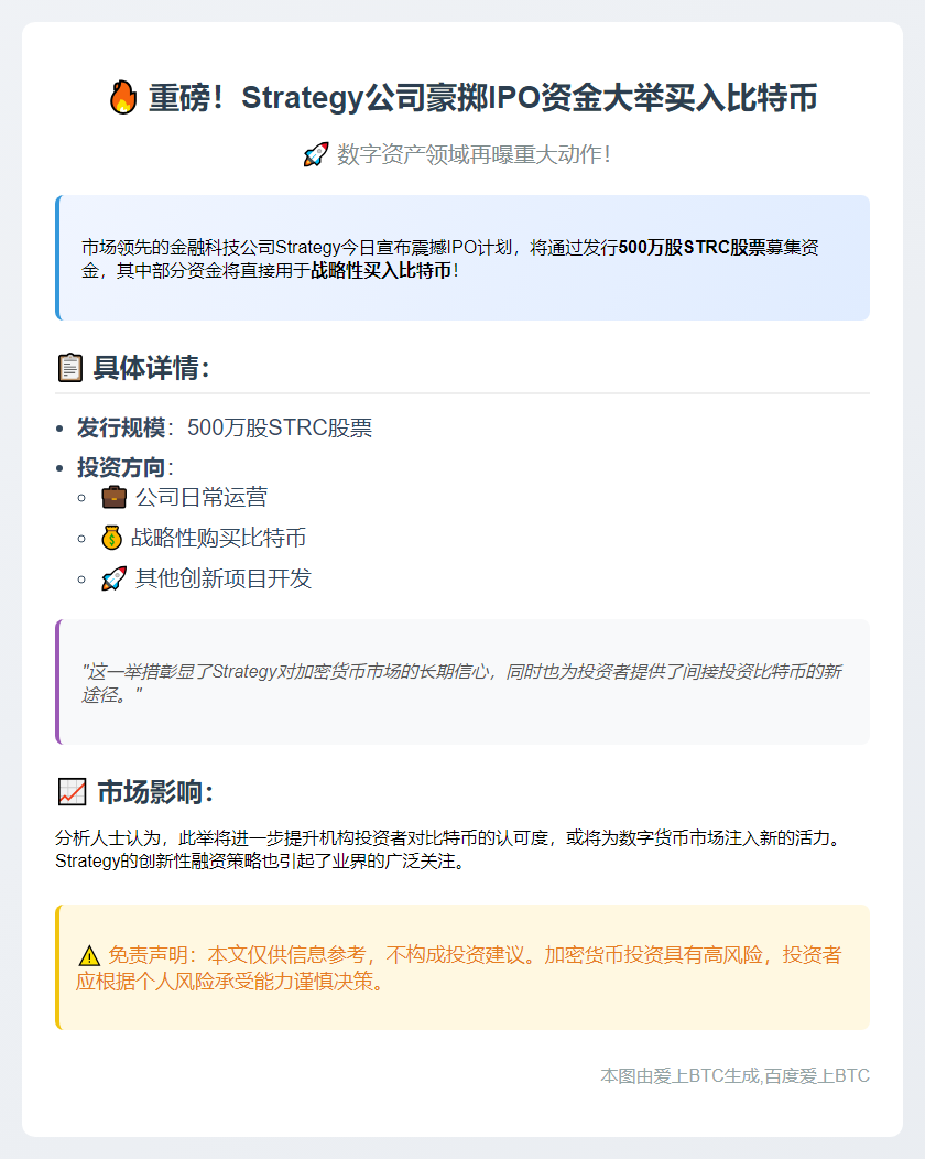 Strategy计划发行500万股STRC购买比特币