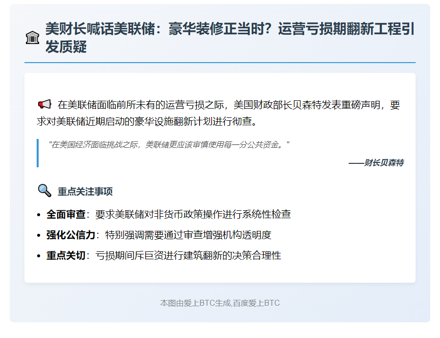 美财长呼吁审查美联储翻新计划