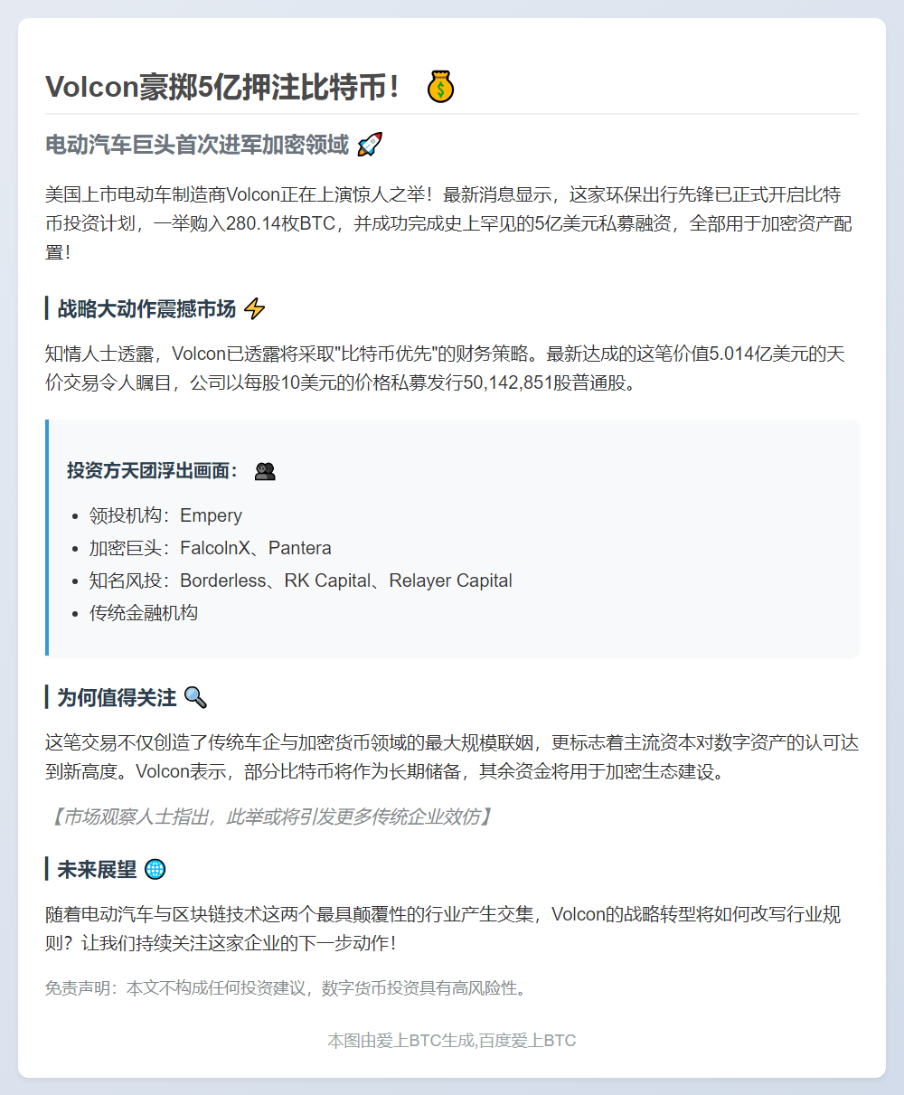 Volcon斥5亿美元购280枚BTC