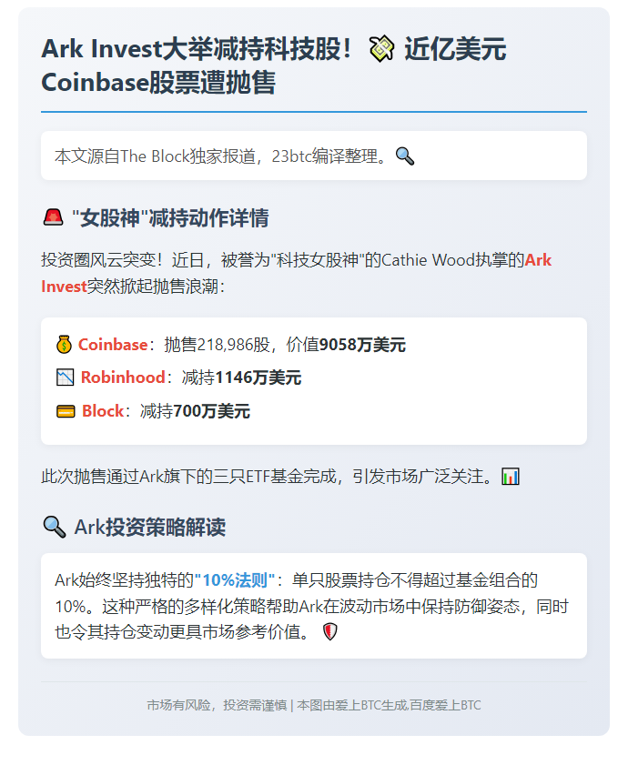 Ark Invest抛售Coinbase等股票超9000万美元