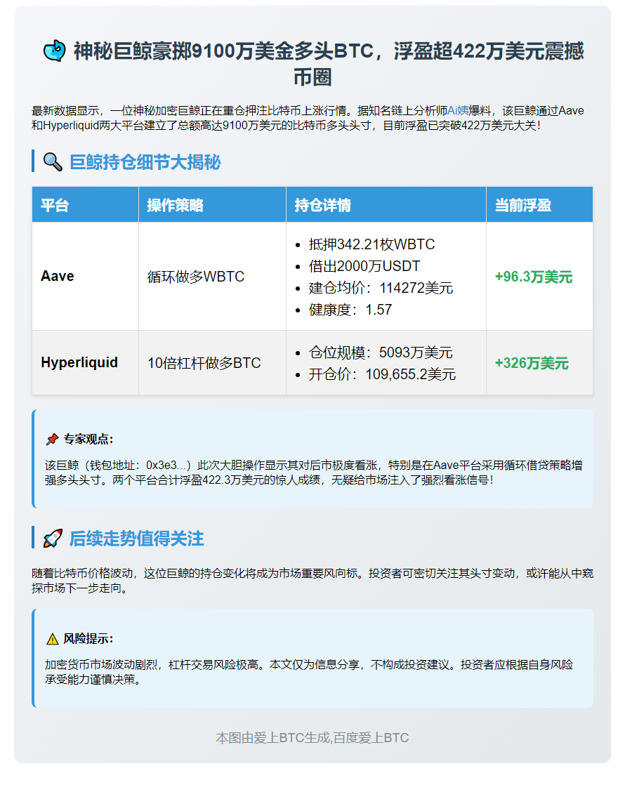 巨鲸Aave和Hyperliquid持仓BTC盈利422万美元