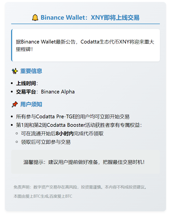 Binance Wallet：XNY明日20:00上线交易