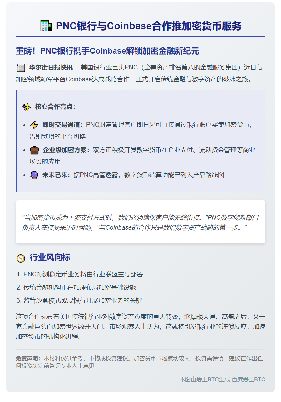PNC银行与Coinbase合作推加密货币服务