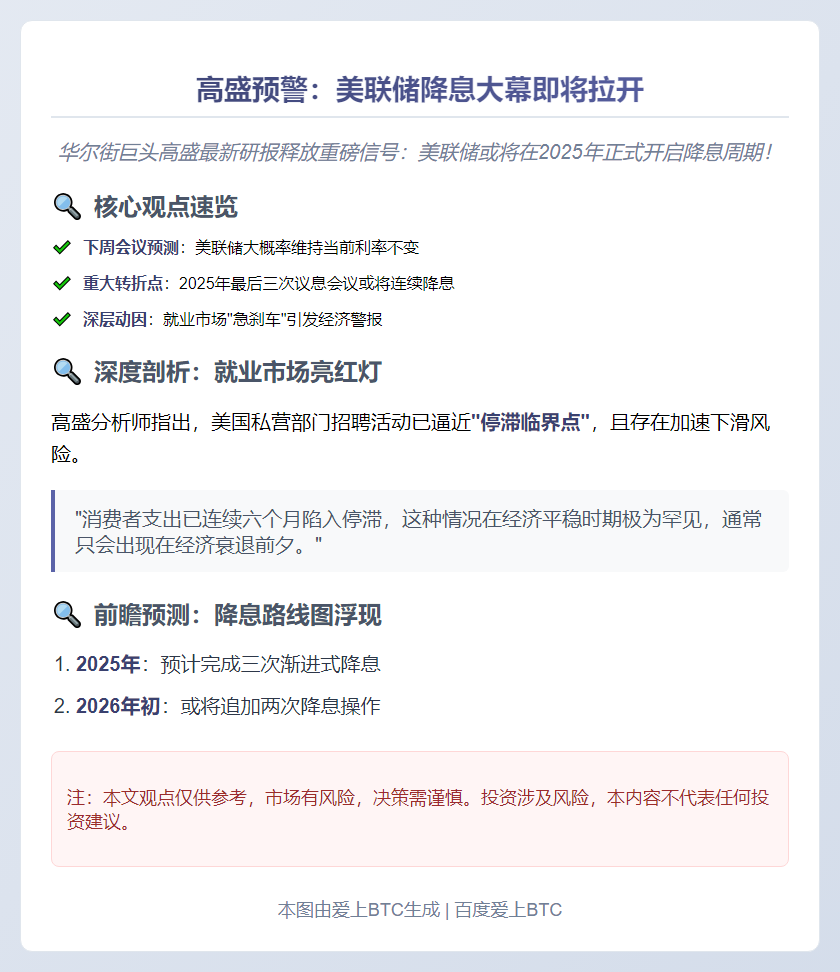 高盛：预计美联储下周按兵不动 因就业放缓将降息