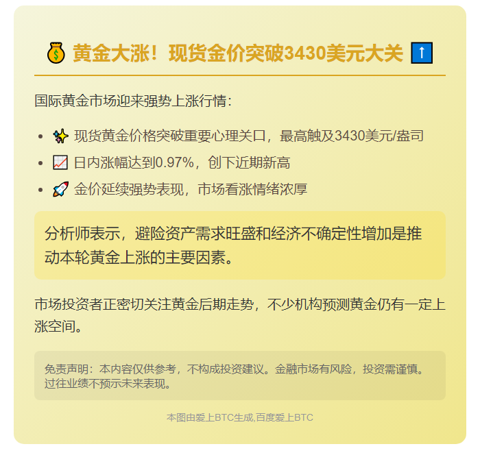 金价升破3430美元/盎司