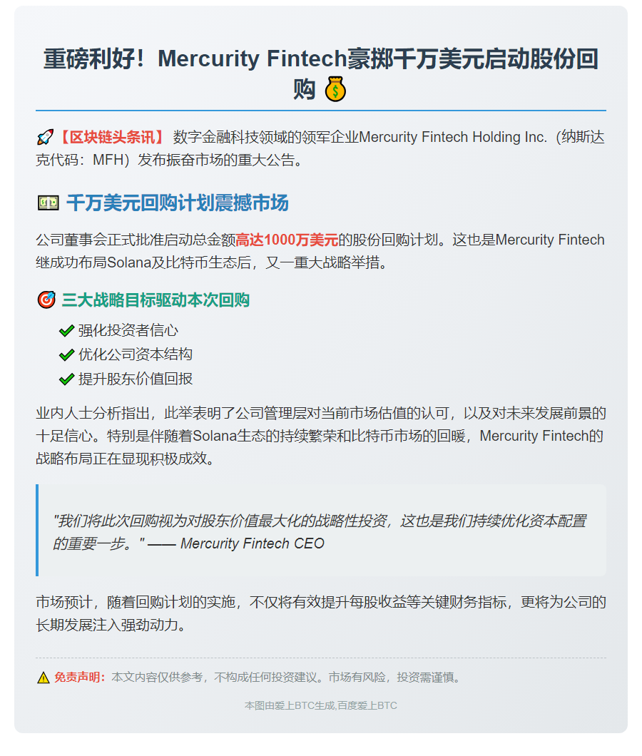 Mercurity启动1000万美元股份回购