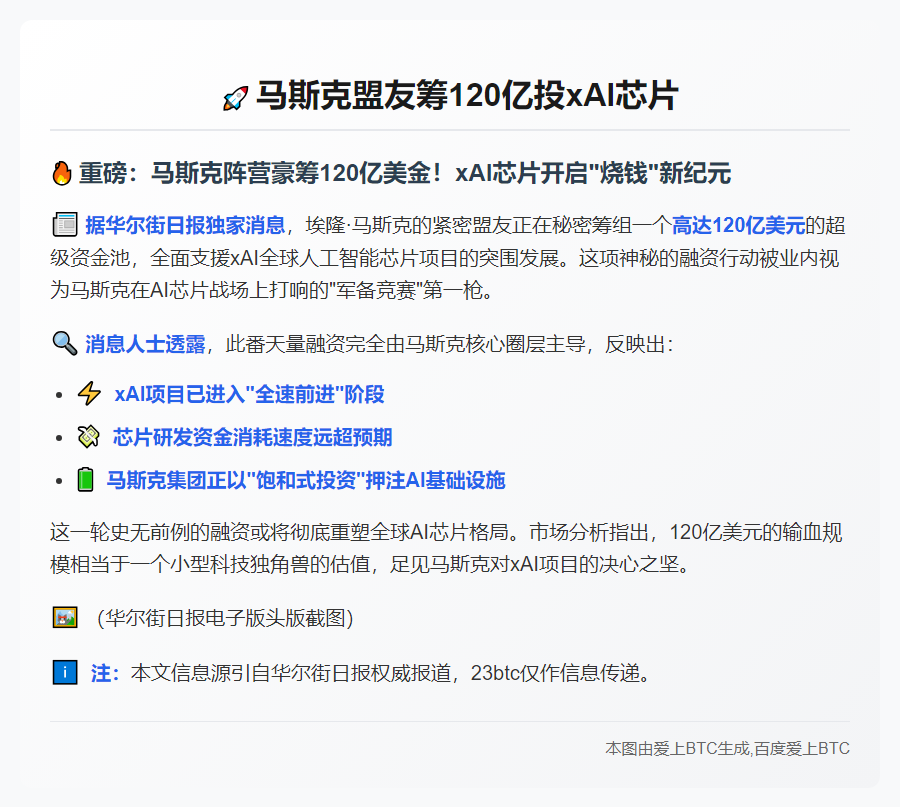 马斯克盟友筹120亿投xAI芯片