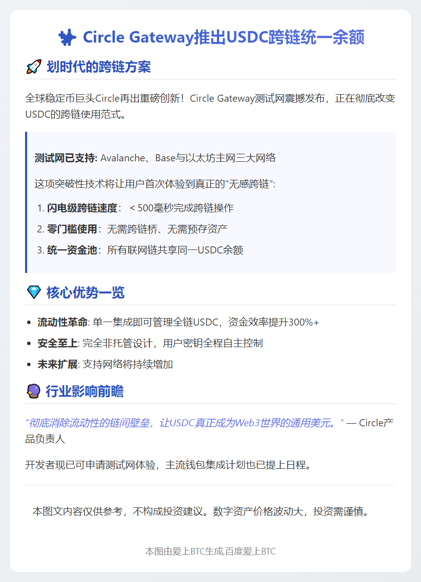 Circle Gateway推出USDC跨链统一余额