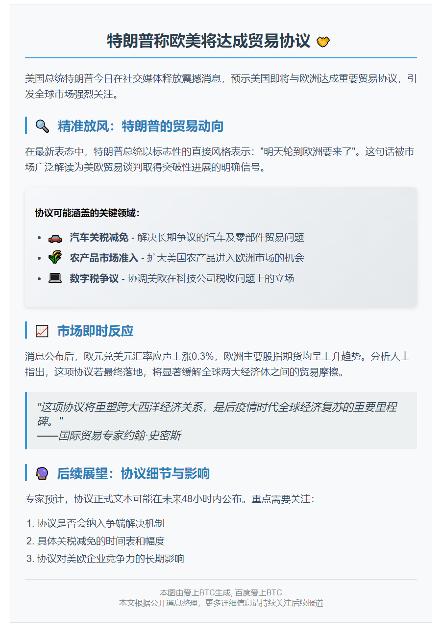 特朗普称欧美将达成贸易协议
