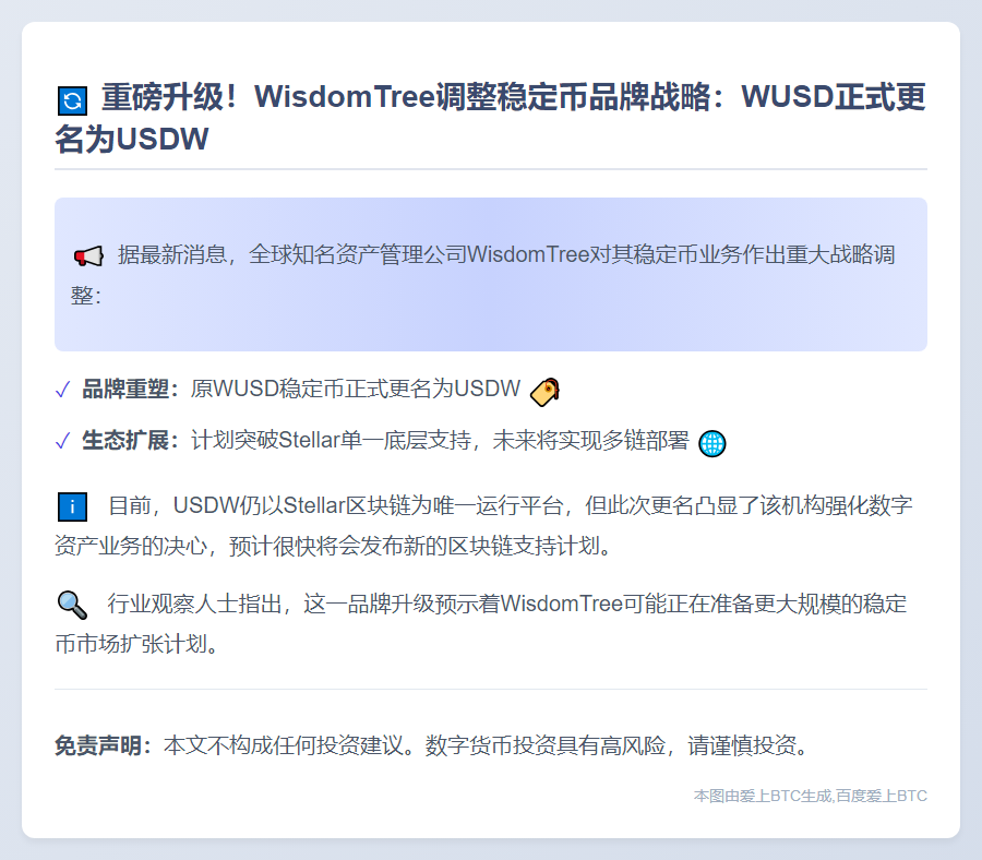WisTree更名稳定币WUSD为USDW并拓展多链
