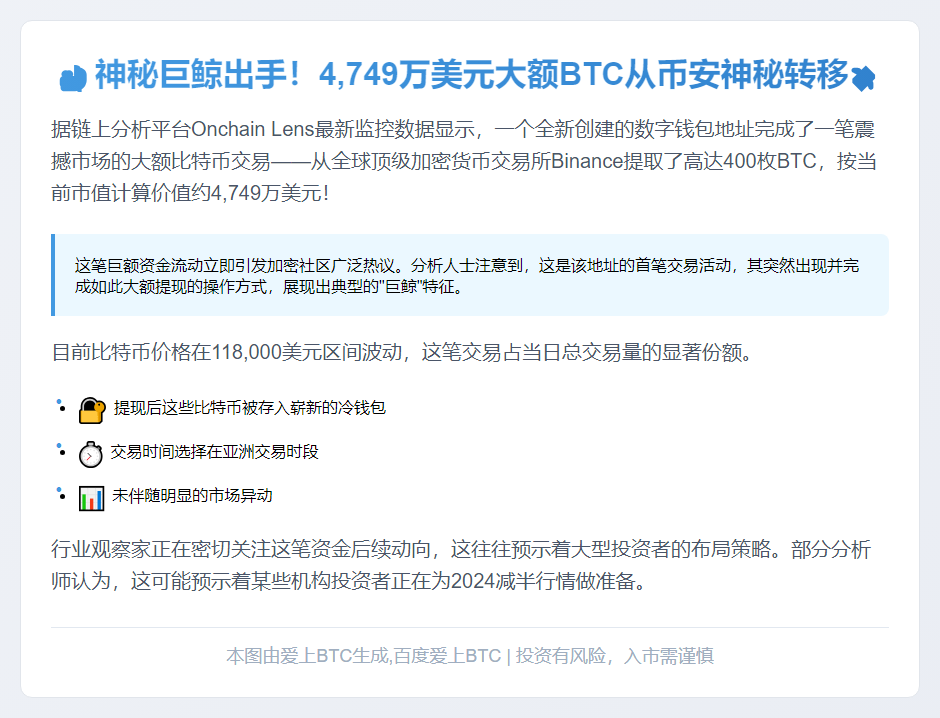 Binance转出400枚BTC价值4749万美元