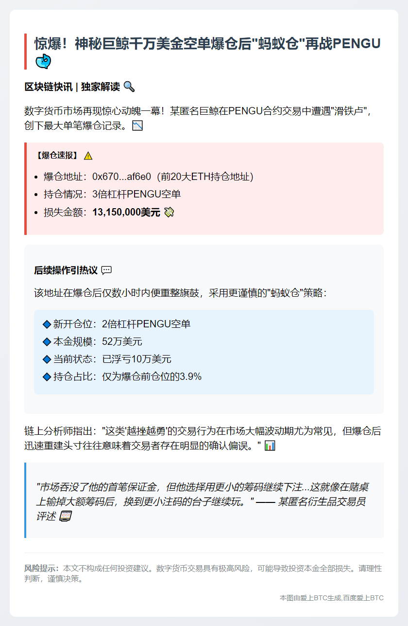巨鲸做空PENGU暴亏1315万美元再开空单浮亏10万