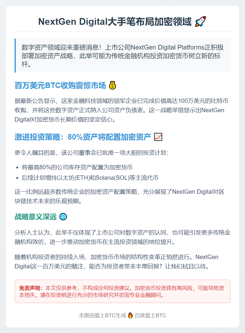 NextGen 收购百万美元比特币入账
