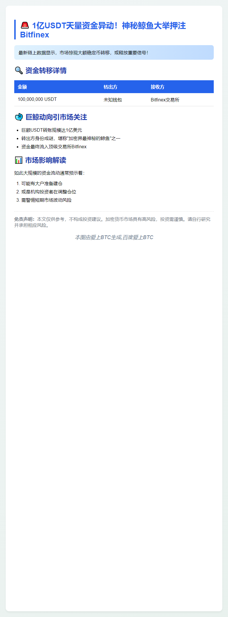 1亿USDT转至Bitfinex