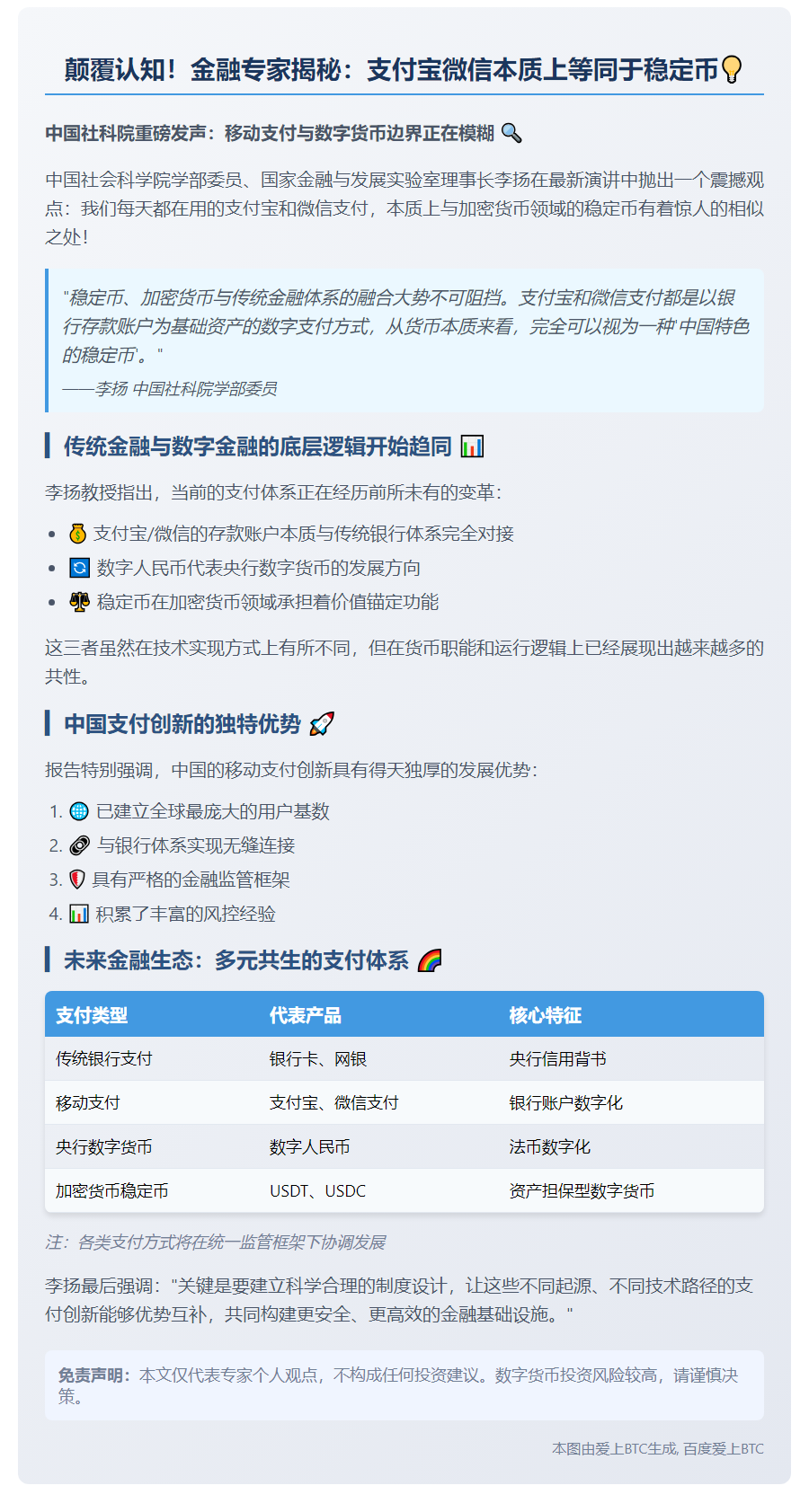 李扬：支付宝与微信支付类似稳定币