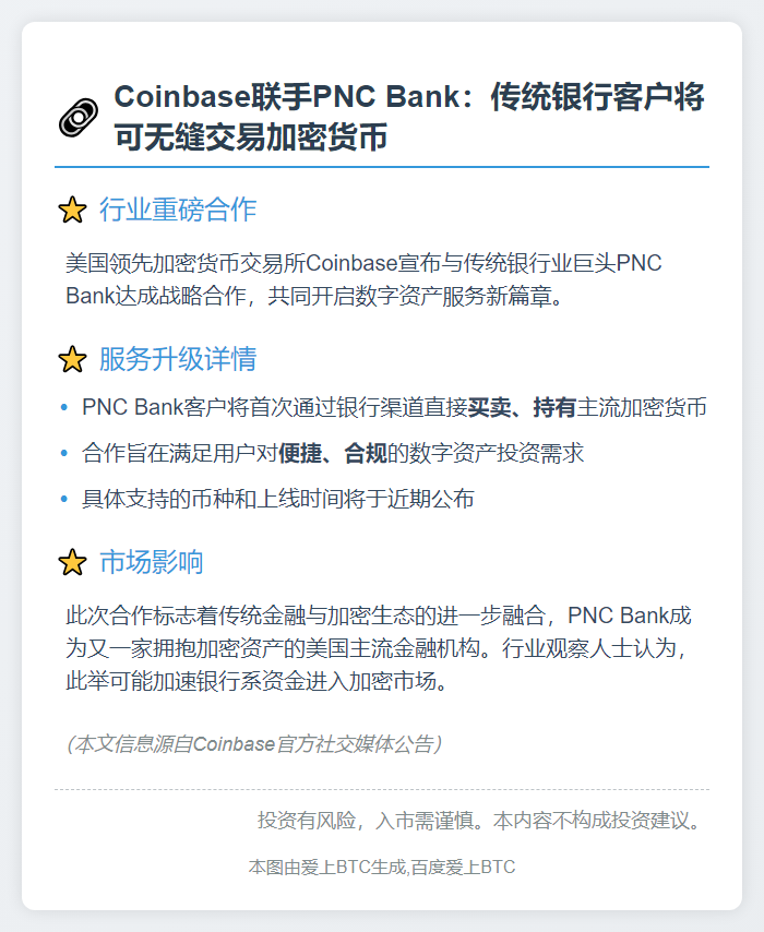 "Coinbase和PNC Bank合作推出加密货币服务"