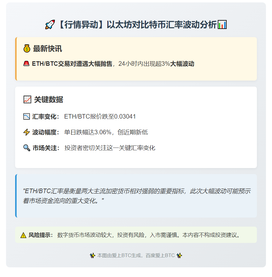 ETH/BTC跌超3%报0.03041