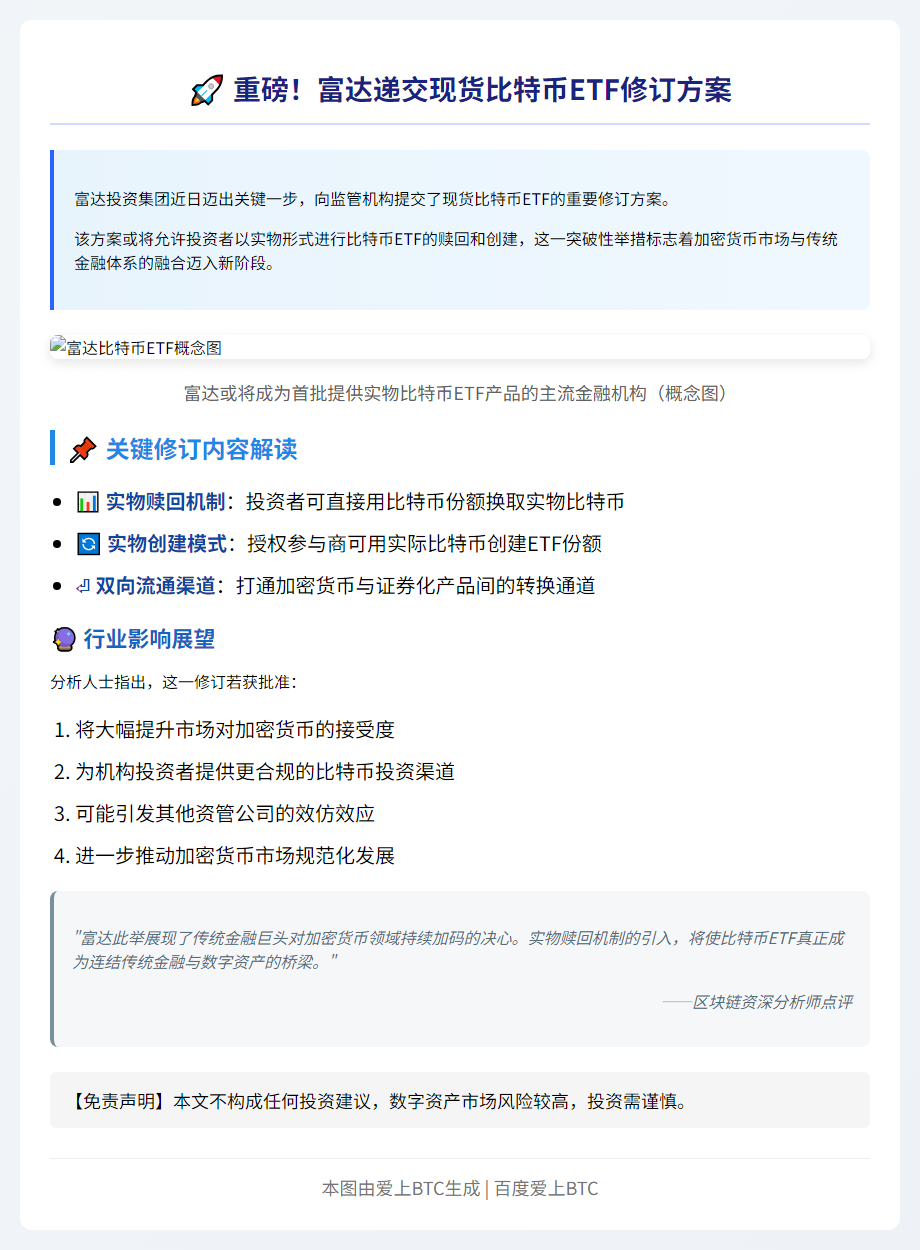 富达修改比特币ETF方案 支持实物赎回创建