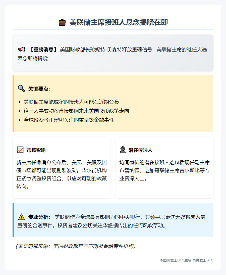 美财长：新美联储主席人选或12月公布