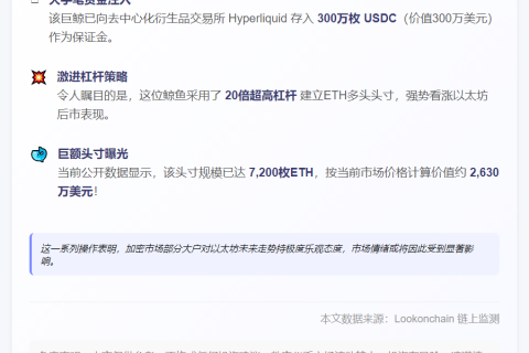 鲸鱼300万USDC杠杆做多ETH
