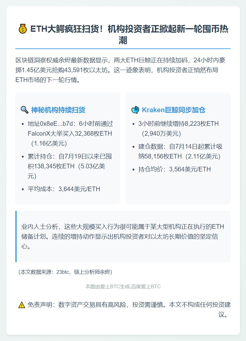 两巨鲸43,591枚ETH增持达1.45亿美元