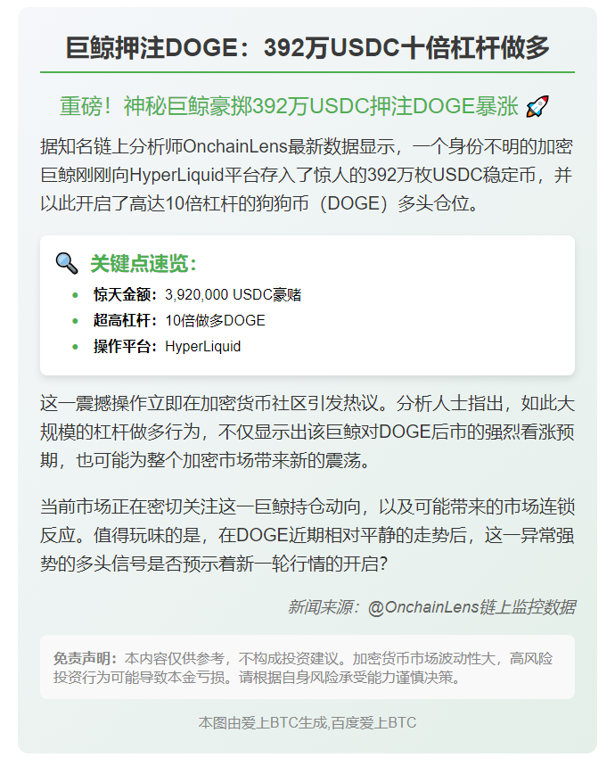 巨鲸押注DOGE：392万USDC十倍杠杆做多