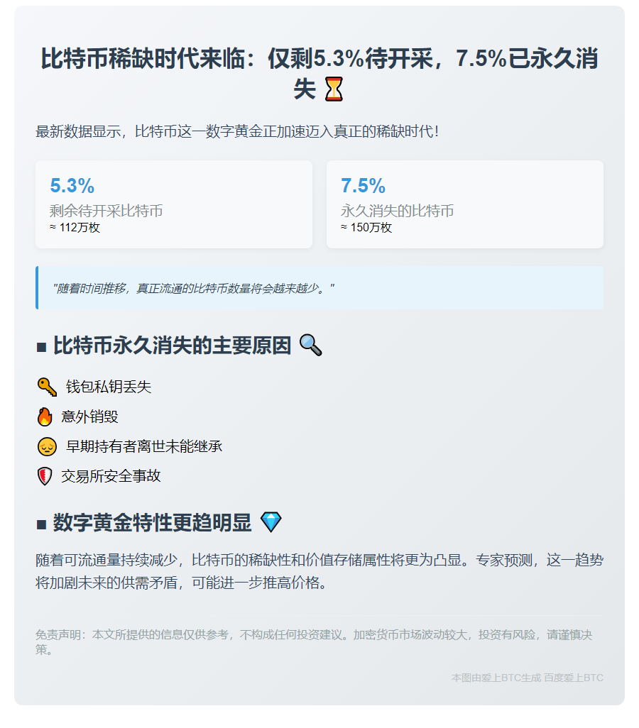 比特币仅剩5.3%未挖，超7.5%永久消失
