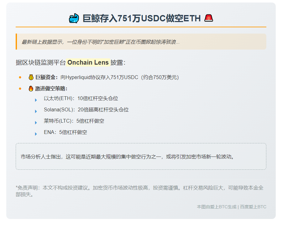 巨鲸存入751万USDC做空ETH