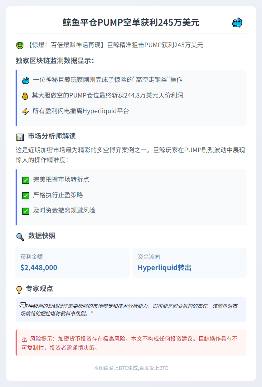 鲸鱼平仓PUMP空单获利245万美元