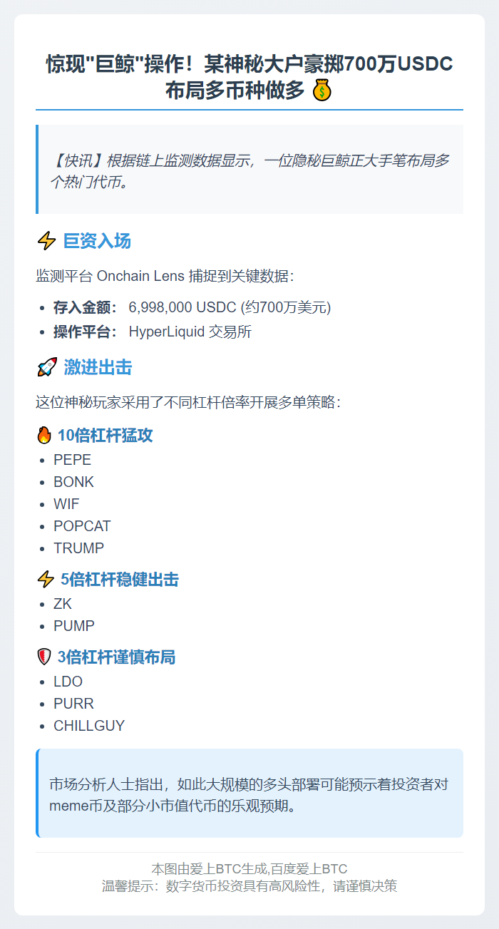 鲸鱼存入700万USDC重仓PEPE等币