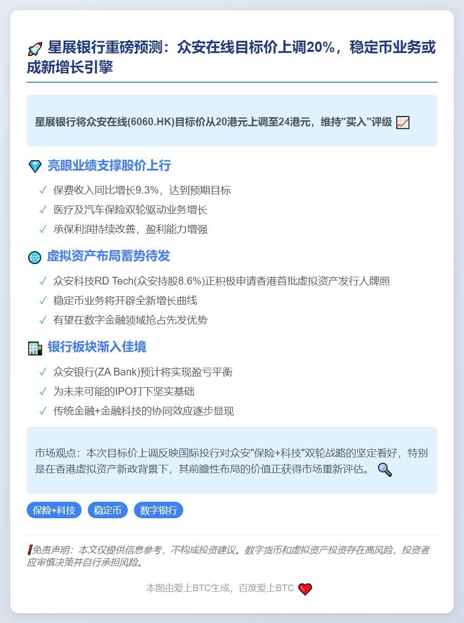 星展：上调众安在线目标价至24港元 看好稳定币潜力