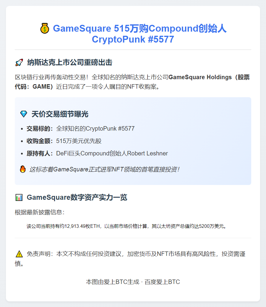 GameSquare 515万购Compound创始人CryptoPunk #5577