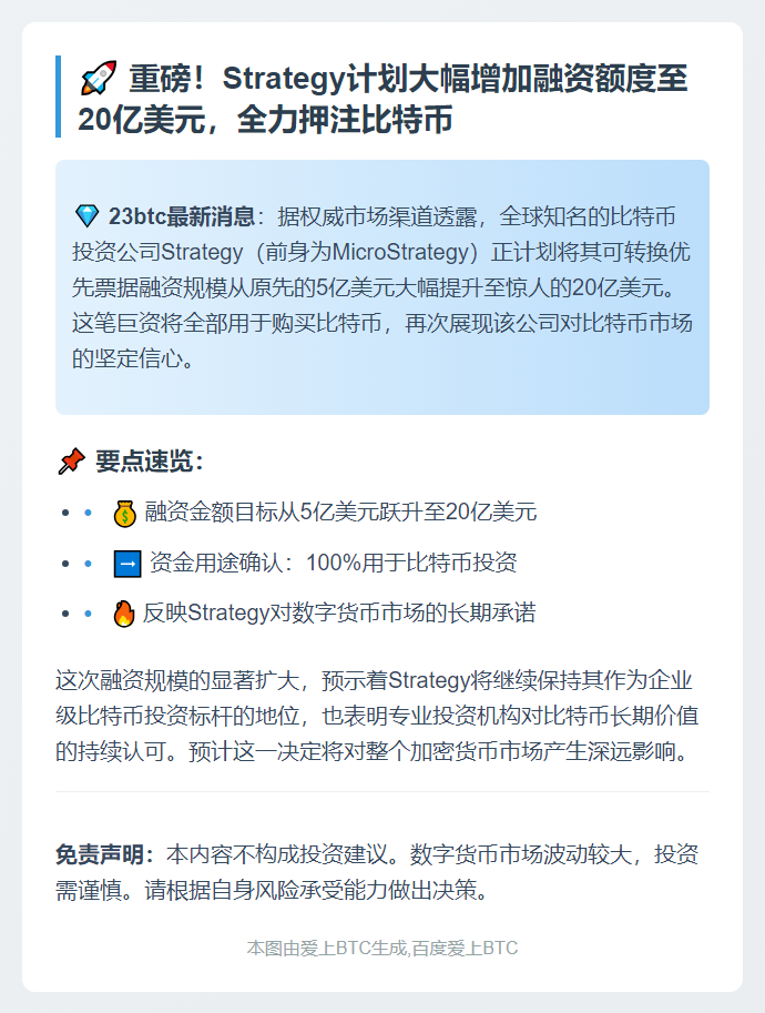 比特币战略融资上调至20亿美元