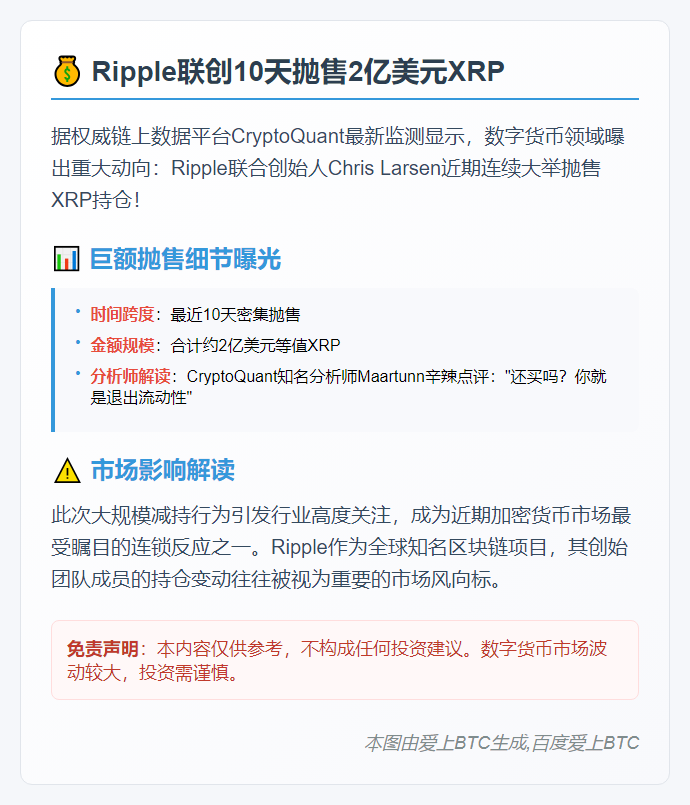 Ripple联创10天抛售2亿美元XRP