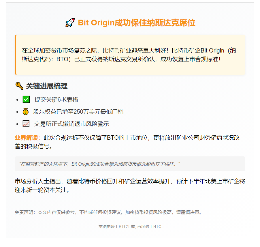 Bit Origin获纳斯达克确认符合重新上市标准