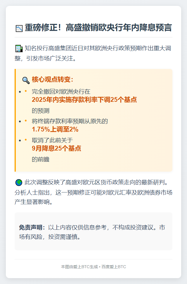 高盛下调欧央行年内降息预期
