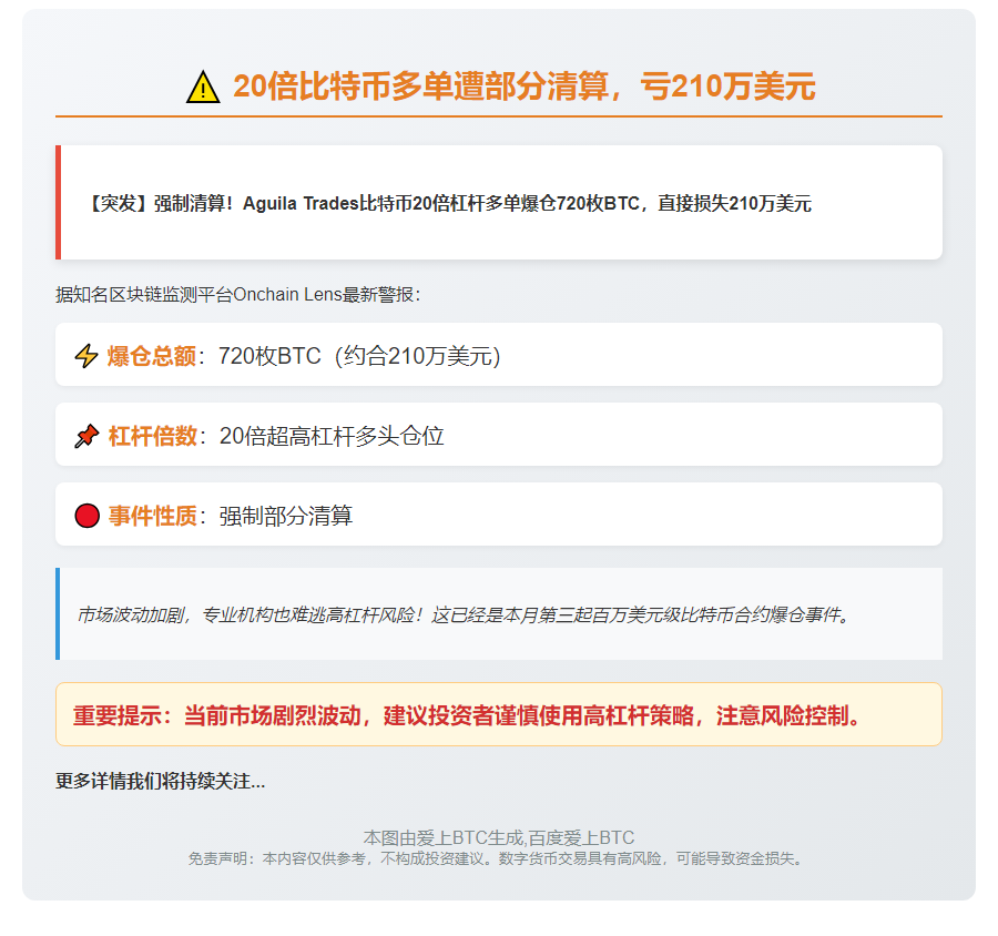 "20倍比特币多单遭部分清算，亏210万美元"
