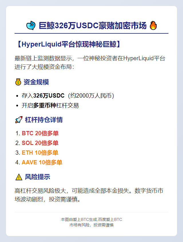 鲸鱼存入326万USDC押注BTC、SOL20倍多单