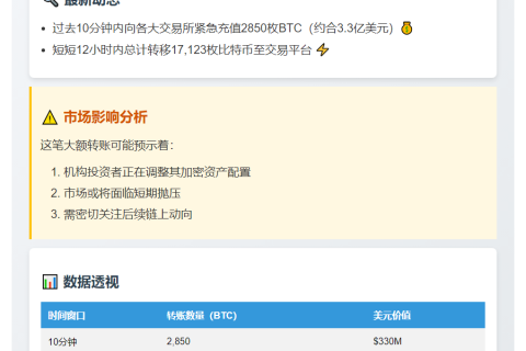 10分钟充值2850枚BTC，价值3.3亿美元