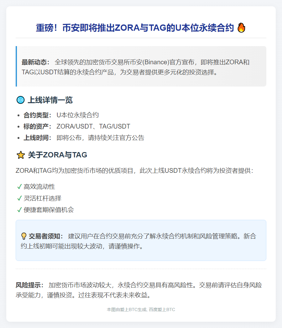 "Binance上线ZORA、TAG永续合约"