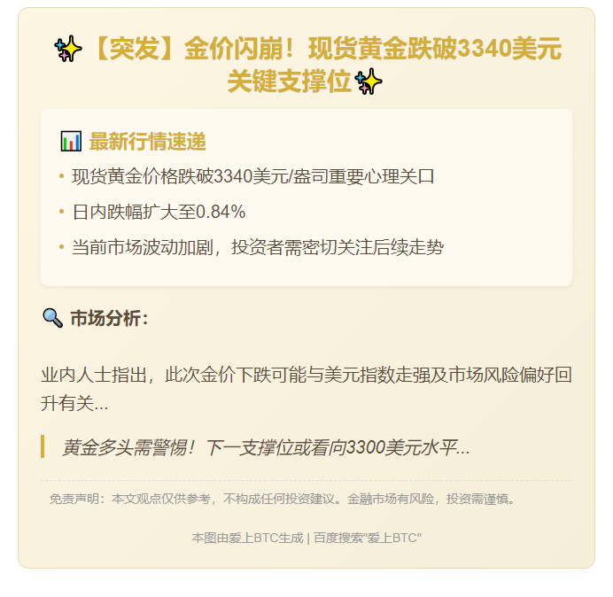 金价跌破3340美元 日内跌0.84%