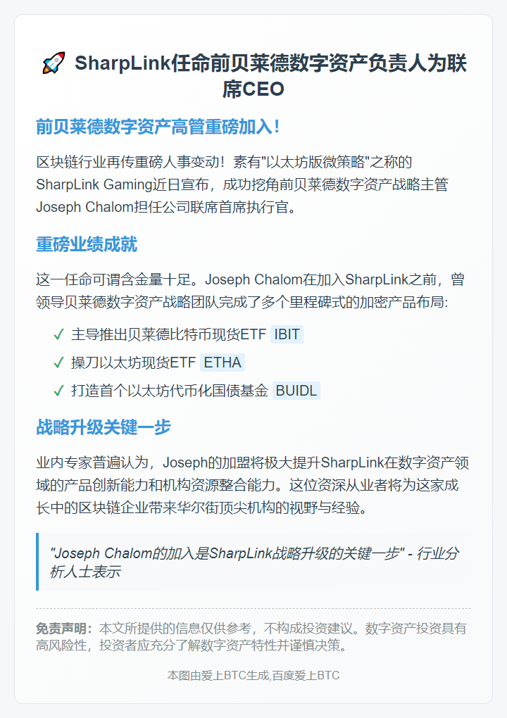 SharpLink任命前贝莱德数字资产负责人为联席CEO