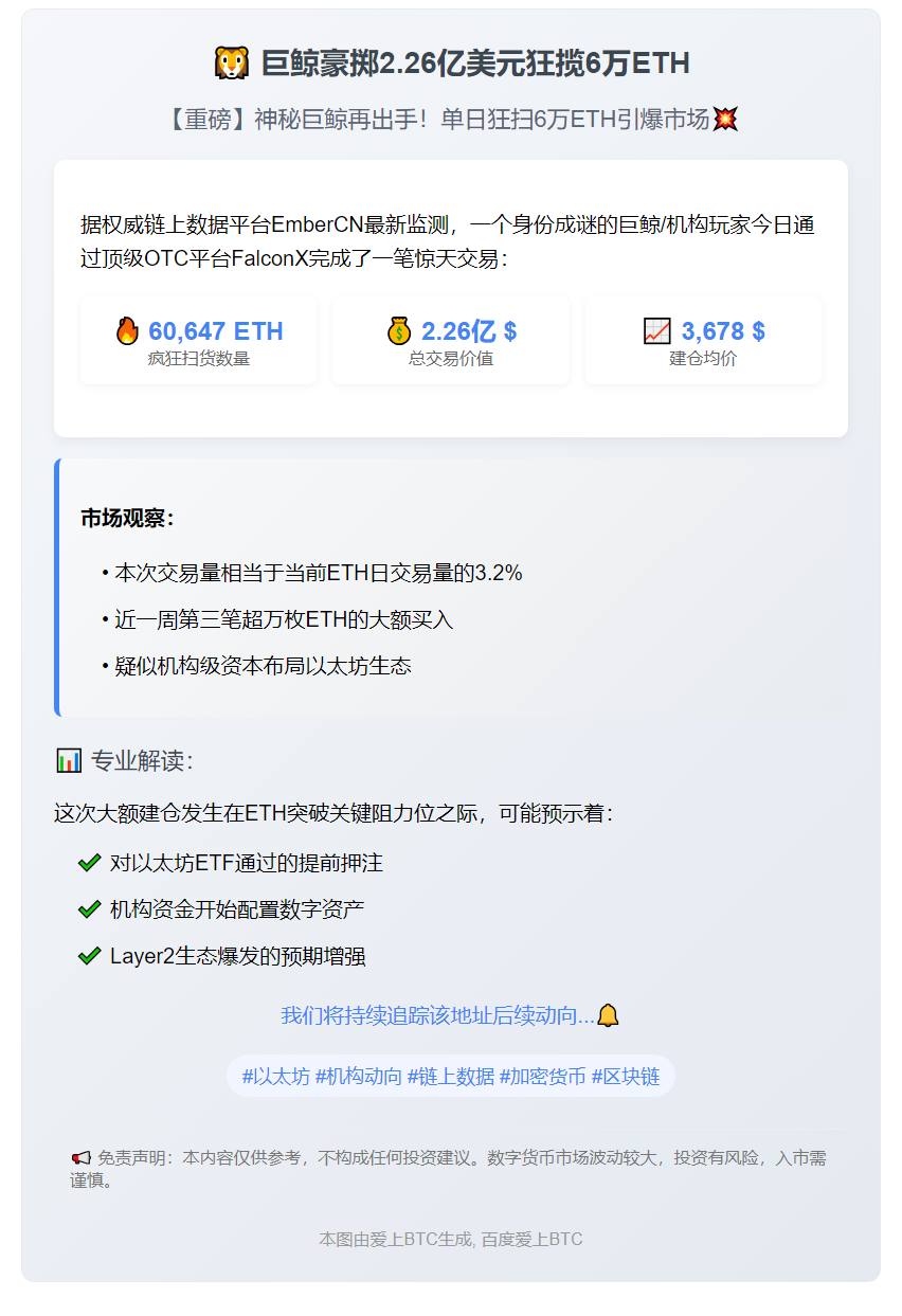 巨鲸豪掷2.26亿美元狂揽6万ETH