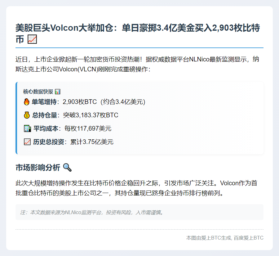 Volcon增持2903枚BTC，持仓达3183枚
