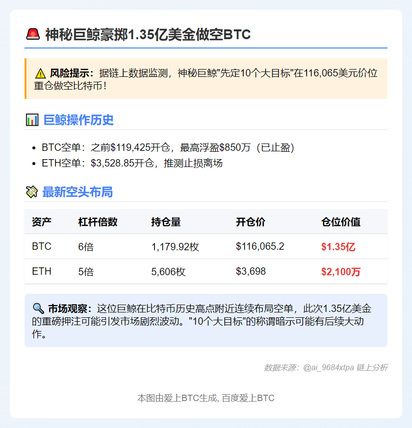 巨鲸11.6万美元开空1.35亿美元