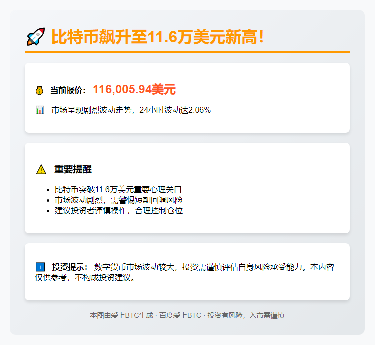 1. BTC冲破11.6万美元  
2. 比特币飙升破11.6万  
3. 11.6万！BTC新高